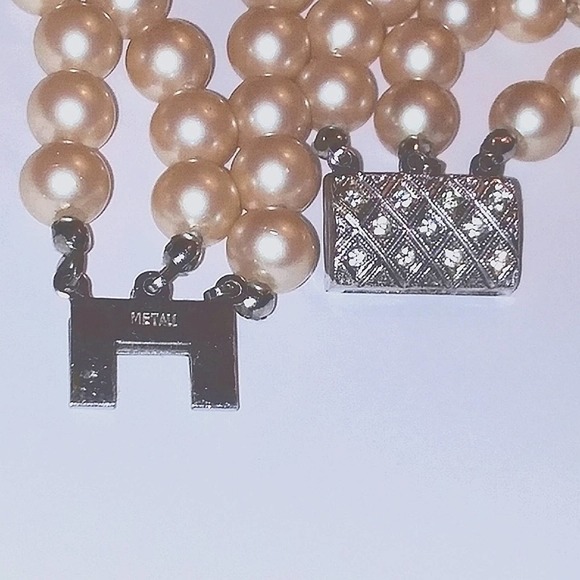 VINTAGE Triple Strand Glass PEARL BRACELET 800 Pure Silver w Crystals Diamonds - Picture 4 of 7